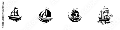 Wallpaper Mural Set of black icons depicting various styles of sailing ships on a white background suitable for marine themes and graphic design projects Torontodigital.ca