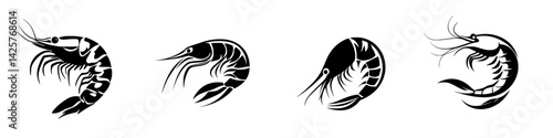 Various black shrimp icons showcasing different styles and positions of shrimp in a simple yet elegant design