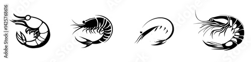 Unique black icon representations of shrimp in various styles showcasing marine life art