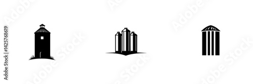 Set of black icons representing various silos and structures commonly found on farms during the daylight hours