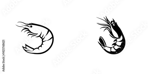 Set of black shrimp icons representing various styles and designs suitable for seafood-related themes
