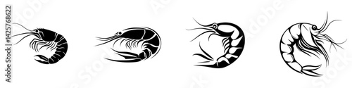 Variety of black shrimp icons showing different perspectives and styles in a simple and elegant design