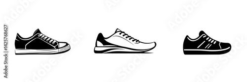 Artistic black icon set depicting different styles of sneakers and athletic shoes designed for various activities and occasions