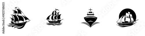 Various black sailing ship icons representing different styles and designs on a plain background