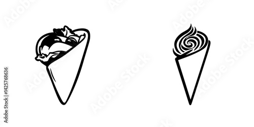 Black icon set featuring food conical shapes illustrating a savory dish and a dessert item in a simple design