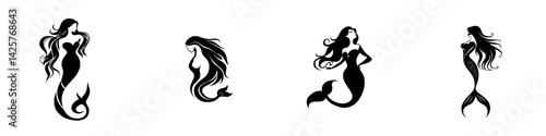 Creative black icon set featuring elegant mermaid silhouettes in various poses and styles