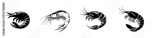 Stylized black shrimp icons representing different species in a minimalist design suitable for various applications