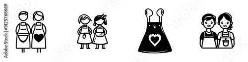 Icons representing friendship and shared experiences in a creative setting featuring two pairs of friends and a heart-adorned apron