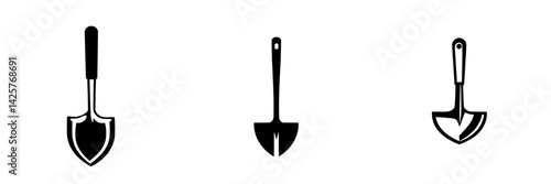 Black icon of garden tools including a trowel, spade, and cultivator on a white background