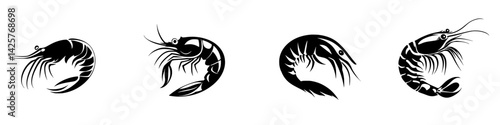 Illustrative set of black shrimp icons showcasing various poses and angles for seafood-related designs