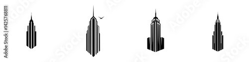 Stylized black icon set of skyscraper silhouettes showcasing urban architecture designs