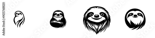 Collection of black sloth icons featuring different styles and expressions on a white background