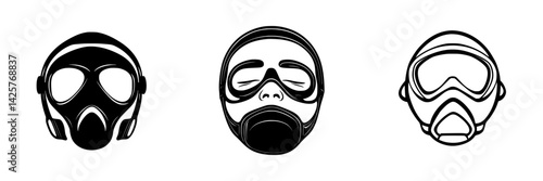 Three distinct black icon designs representing gas masks and facial coverings for various applications