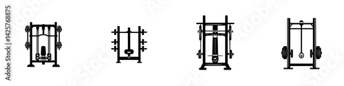 Black weight training equipment icons featuring a squat rack, bench press, leg press, and cable machine set against a minimal backdrop
