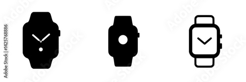 Black icons representing modern wristwatches with various styles and designs suitable for digital interfaces or app usage