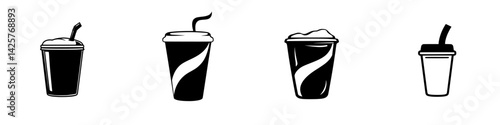 Set of black icons depicting various drink containers including cups and glasses with straws