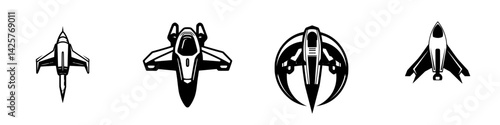Set of four black icons depicting different types of futuristic aircraft in a minimalist style