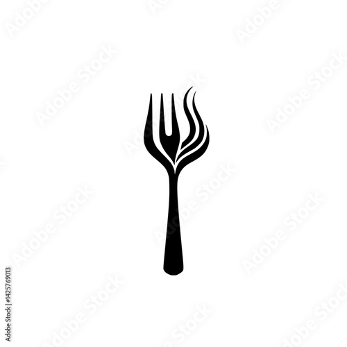 Stylized black icon depicting a fork with flame details, emphasizing culinary themes and creativity in food preparation