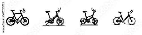 Black icon set featuring various bicycle designs including traditional, stationary, and fitness bikes for creative projects