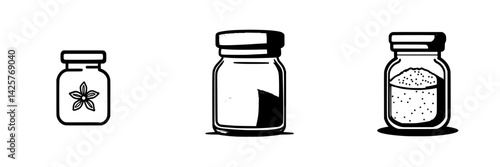 Set of black icons depicting various jars with distinct contents, showcasing a minimalist design suitable for culinary themes