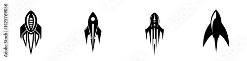 Four sleek black rocket icons arranged in a row, showcasing different designs and styles for creative projects