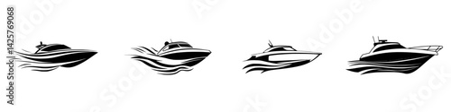 Elegant black icon set of various boat designs showcasing speed and sleekness