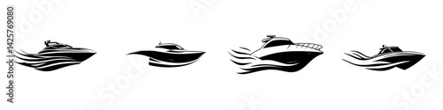 Stylized black icons of boats showcasing movement on water in a sleek and dynamic design