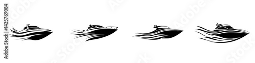 Set of black boat icons showcasing various angles and designs with dynamic motion lines