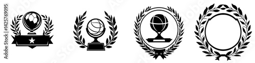 Set of decorative black icons representing achievements in sports and activities, featuring laurel wreaths and trophies
