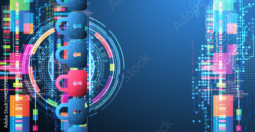 Digital cybersecurity concept with padlocks, symbolizing data protection and security. Vector technology background.