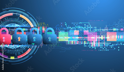 Digital cybersecurity concept with padlocks, symbolizing data protection and security. Vector technology background.