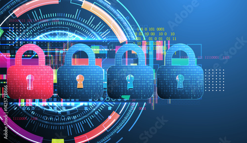 Digital cybersecurity concept with padlocks, symbolizing data protection and security. Vector technology background.