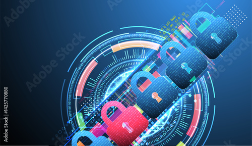 Digital cybersecurity concept with padlocks, symbolizing data protection and security. Vector technology background.