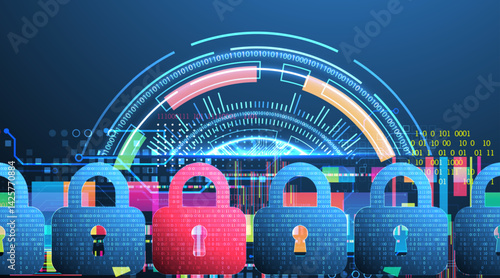 Digital cybersecurity concept with padlocks, symbolizing data protection and security. Vector technology background.