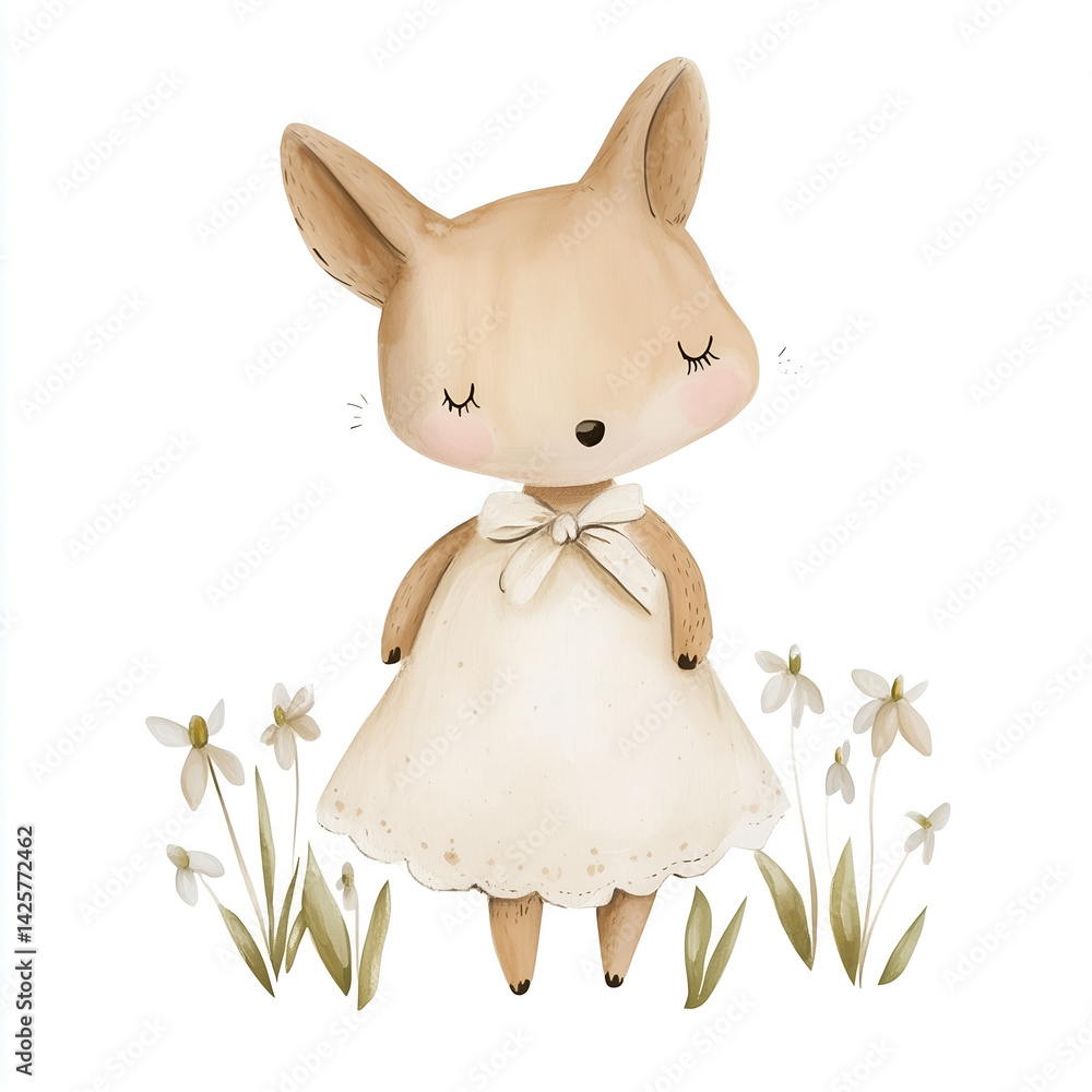 Obraz premium Hand drawn watercolor pastel style drawing. Cute illustrations with animals, girls, nature