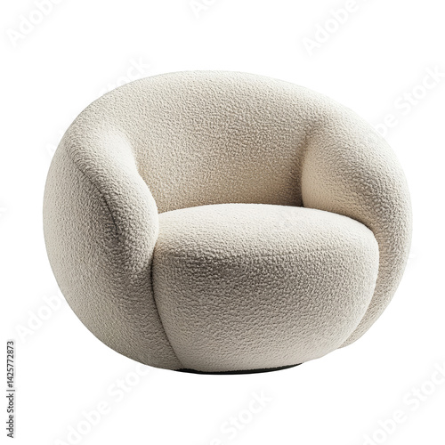 Modern beige boucle armchair isolated on white background Cozy fluffy round chair furniture design Interior design element Comfortable lounge seating Upholstered armchair Soft textile texture