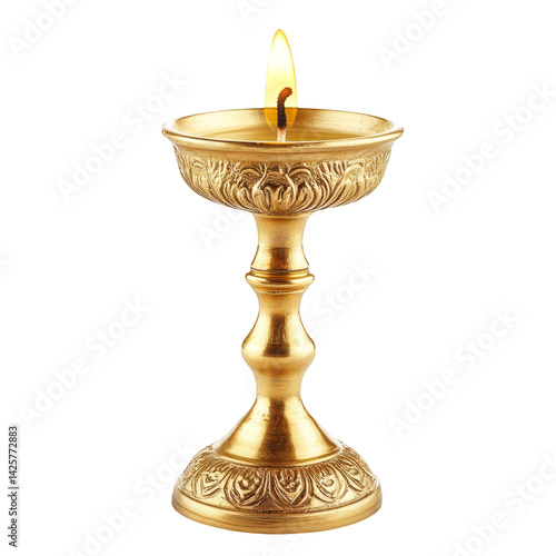 Golden oil lamp with burning flame isolated on white background traditional religious or festive lighting Diwali celebration spirituality hope and remembrance concept puja lamp brass diya oil lamp