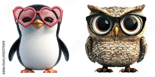 Wallpaper Mural Cute penguin with pink heart glasses and wise owl with black spectacles isolated on transparent background perfect for educational kids designs Torontodigital.ca