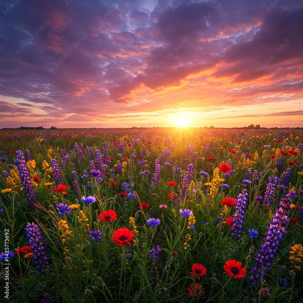 Obraz premium Golden hour over colorful wildflower meadow blooming outdoors
