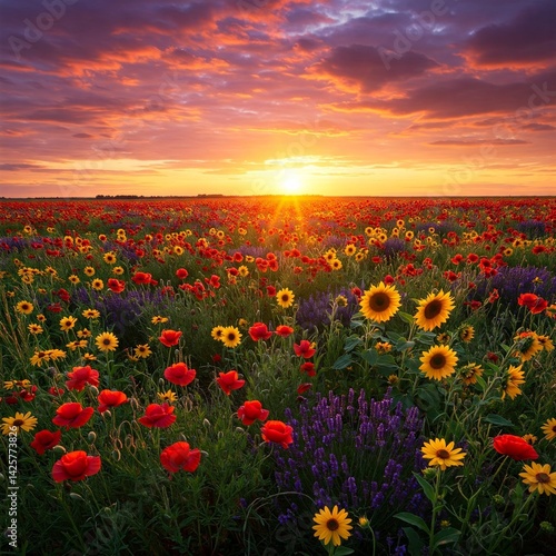 Golden hour over colorful wildflower meadow blooming outdoors