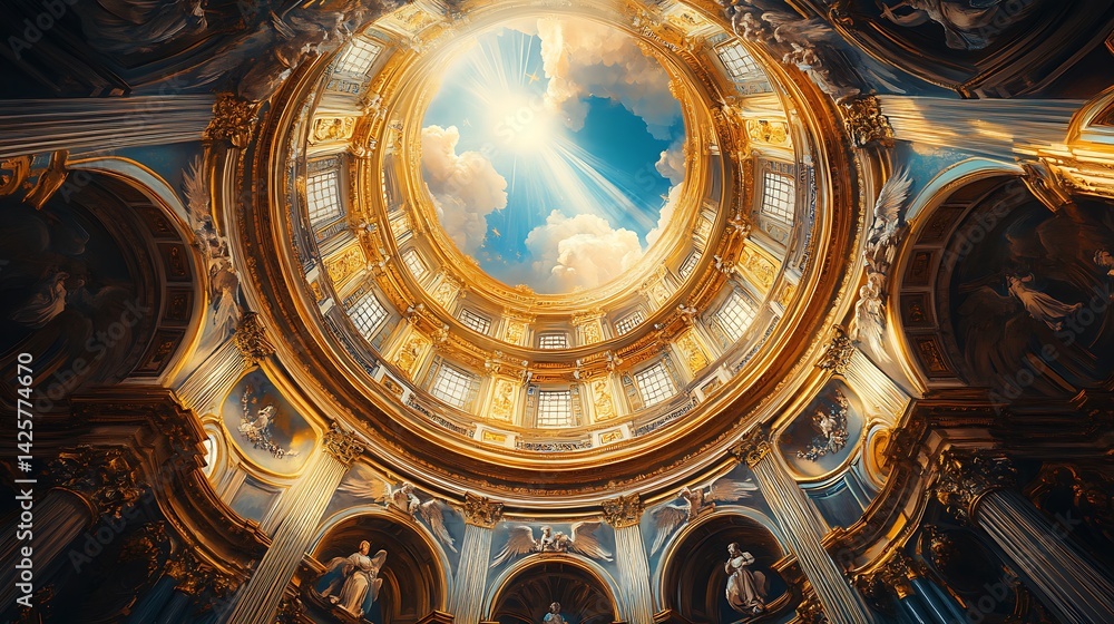 Obraz premium Looking up at the dome of a Baroque cathedral, frescoed ceiling with angels and clouds bathed in light beams, surrounded by carved cherubs and rich gilding,