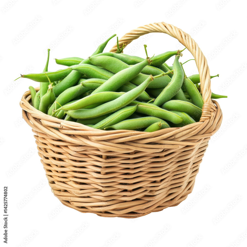 Fresh green beans in a wicker basket ready for cooking or sale at a local market Fresh green beans in a wicker basket ready for cooking or sale at a local market