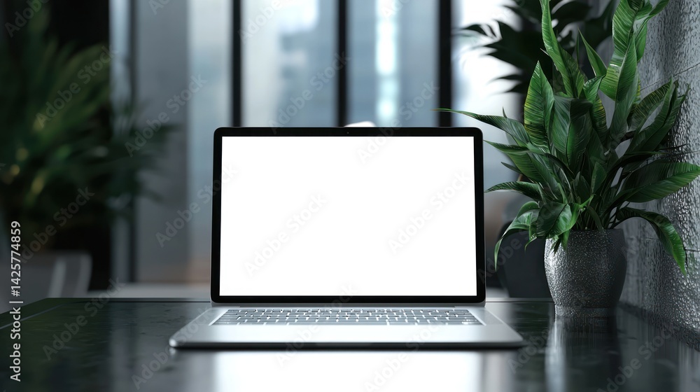 Modern Workspace: Laptop with Blank Screen and Plants Modern Workspace: Laptop with Blank Screen and Plants