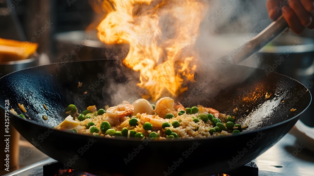 Fried rice with shrimp, peas, and egg in a hot wok Fried rice with shrimp, peas, and egg in a hot wok