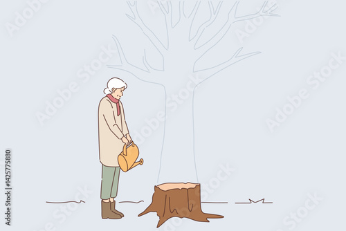 Elderly woman is upset about deforestation, stands near stump and holds watering can in hands