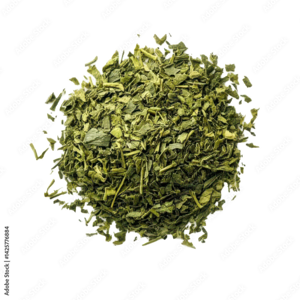 Dried green herbal leaves in a heap on a white background showcasing natural ingredients for culinary and health uses Dried green herbal leaves in a heap on a white background showcasing natural ingredients for culinary and health uses