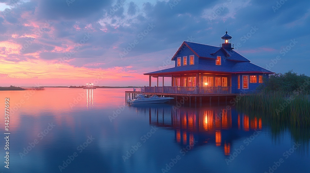 Fototapeta premium Lakeside cabin at sunset (1)