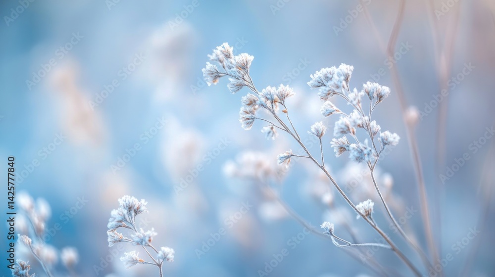 Delicate frost-covered wildflowers in a soft blue winter landscape.