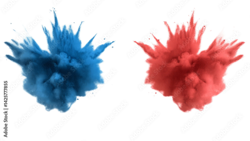 Fototapeta premium bright red and blue paint color powder festival explosion burst isolated white background. 