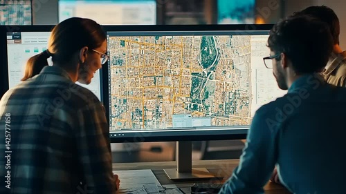 Team analyzing geographic data on a large screen in a modern office with maps and charts displayed